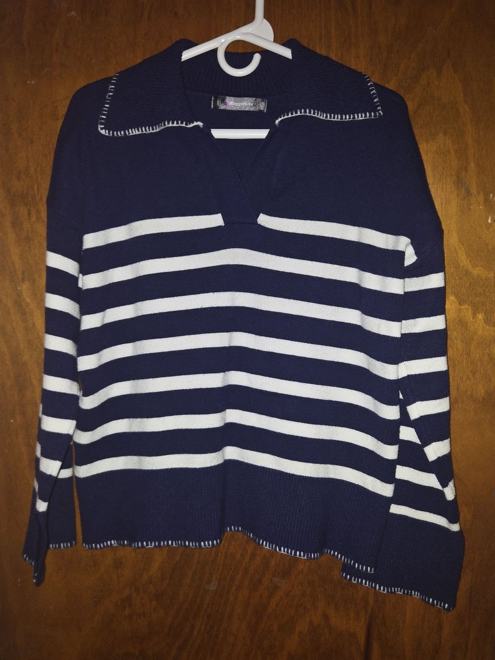 Bloggerlove Navy & White Striped Collared V-Neck Sweater Size M